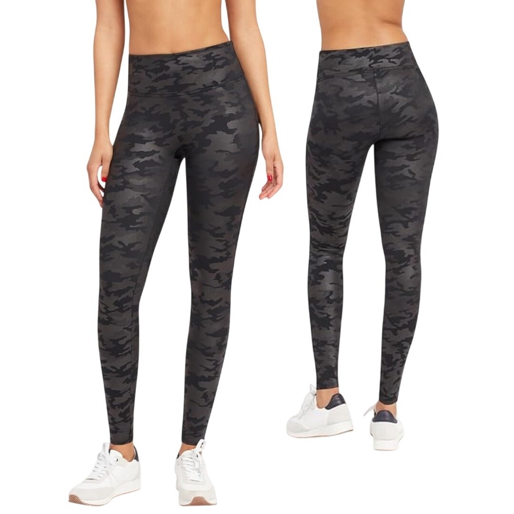 Spanx Women's Black Faux Leather Camo High Rise‎ Leggings Size Large